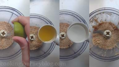 Transfer sesame seeds to food processor, add lime juice, olive oil and water. Pulse, slowly adding more olive oil until it has a texture of the coarse paste.**