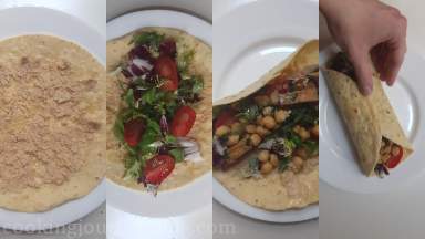 Heat the tortilla wrap, smear sesame paste, add salad leaves, cherry tomatoes cut in half and tofu mixture.
