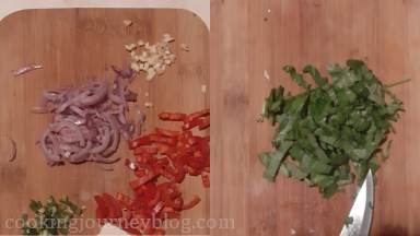 Chop shallot, garlic, jalapeno and pepper. Chop spinach.