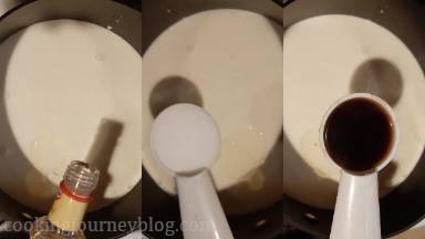 Place cream, coffee, sugar and vanilla essence in a saucepan. Warm it a minute, whisking lightly.