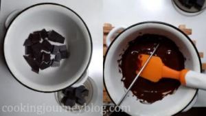 Melt the chocolate on a double boiler - a pot with simmering water and a heat-proof bowl placed on top. Make sure the bowl doesn’t touch the water.