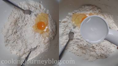 Add egg and water. Combine, using the fork, then form the dough with your hands.