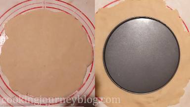 For the ball from one half and roll the thick round for the pie form.* Place the pan on the dough and cut the round for the bottom of the pie. Add it to the pan.