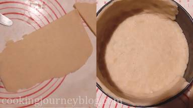 From the leftovers make 2-3 pieces for sides and put them in the pie pan, pressed to the sides. Make sure to press the stitches really well.