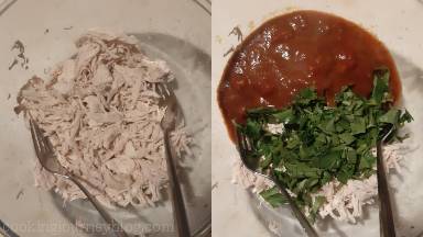 Transfer cooked chicken to a bowl and shred with two forks. Add 1 cup of enchilada sauce and 3/4 of parsley (cilantro). Combine.