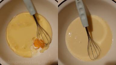 Put the wet ingredients in a small bowl- eggs, milk and oil. Add sugar and mix.