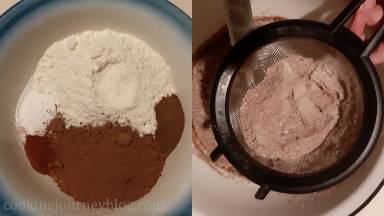 In a big bowl combine all the dry ingredients - flour, cocoa powder, baking powder, salt, chili and instant coffee. Sieve dry ingredients into wet in few batches.
