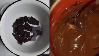 Melt the chocolate on the Bain-Marie (the bowl with chocolate, placed over the heat-proof bowl with boiling water). Then fill the pastry bag or decorating pen with melted chocolate.