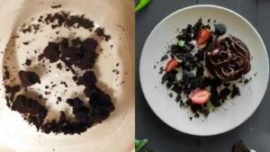 Start decoration the plate. Cut the cakes in half lengthwise and crumb one of them. Sprinkle Oreo crumbs. Cut strawberries in half in quarters, add to the plate with gummy berries, chili flakes and mint. Place one of the cakes on the plate and add chocolate decoration on top.