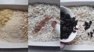 Combine all the dry ingredients – oats, coconut, almond flakes, then add raisins. Mix together, add cinnamon and mix again.