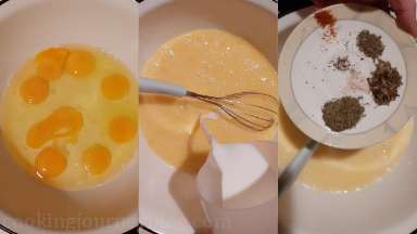 Whisk eggs, then add milk and whisk together. Add cayenne, salt, pepper and leave aside.