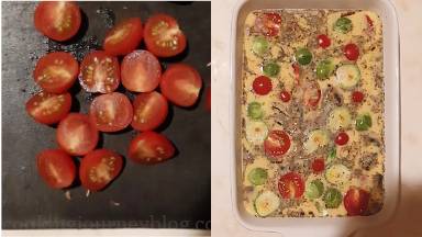 Cut cherry tomatoes in half and distribute on top of frittata.