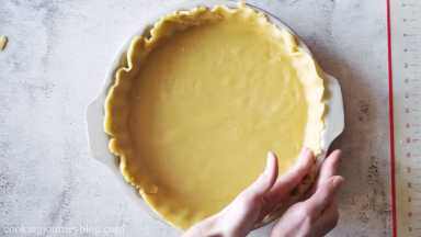 Place the bottom crust in the 11 inch / 28 cm round pie pan. Let them overlap a little. Flatten and tap it with your fingers. Don't stretch it.