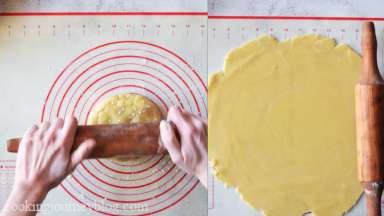 With a rolling pin, dusted with flour, roll the dough larger than your pan.