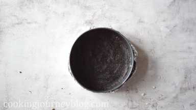 Add Oreo crumbs at the bottom of the spring form pan. Make it smooth with a spoon. Bake the Oreo crust 10 minutes. Let it cool on the counter top or wire rack.