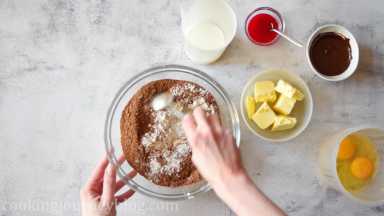 In a large bowl combine dry ingredients - flour, white and brown sugar, cocoa powder, baking powder, baking soda, salt and vanilla powder.