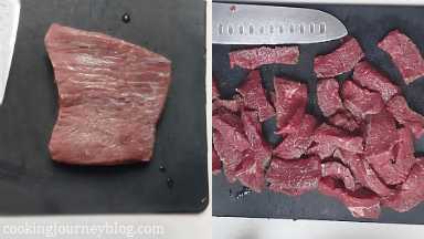 Cut flank steak against the grain into thin slices, about 1/4 inch or 0,6 cm thick.