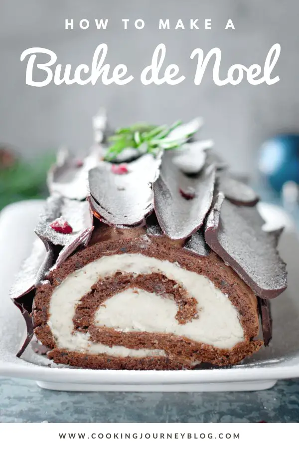 Buche de Noel - Yule Log Cake recipe. One of traditional French desserts served for Christmas. Easy chocolate sponge ccake with Mascarpone whipped cream and Christmas decoration.
