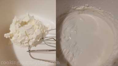 Whip Mascarpone cheese for few minutes and whip heavy cream in separate bowl, using hand mixer.