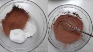 Sieve cocoa powder, flour and baking powder in a large bowl. Add sugar and mix with a spoon.