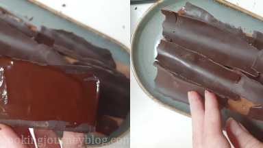 'Glue' the bark to the sponge using extra melted chocolate.