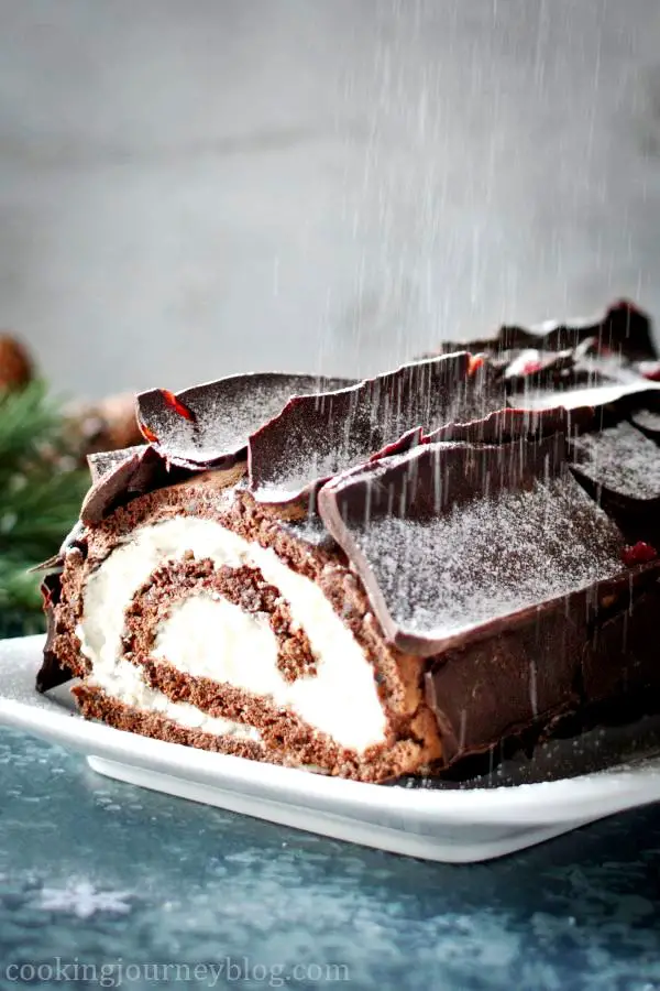 Buche de Noel - Yule Log Cake served on the white plate and dusted with sugar