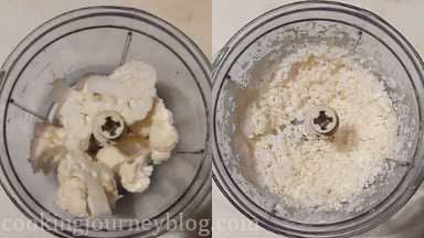 Cut cauliflower into smaller pieces and blend in food processor until it reminds rice.