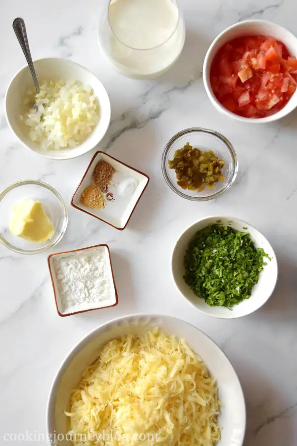 Ingredients for chile con queso: chpped onion and garlic, butter, spices, corn starch, chopped tomato, marinated chili, chopped parsley and shredded cheese.