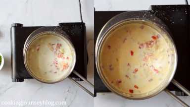 Add full fat heavy cream. Heat on low, carefully stirring until everything is incorporated and cheese melts smoothly.