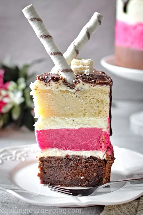 A piece of Neapolitan Cake with wafer tubes on top, served on a white plate