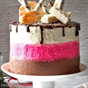 Festive Neapolitan Cake on the serving plate, decorated with chocolate and wafers