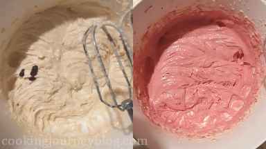 Add red gel coloring.Beat until you have pink batter.