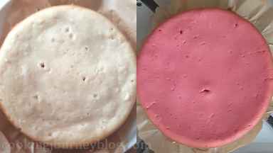 Bake sponges in separate pans, layered with parchment paper, up to 30 minutes in the oven. Check with a wooden skewer - if t comes out clean, it's ready.