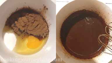 For the chocolate sponge, add egg, oil, sugar, vanilla and cocoa in a bowl. Beat until incorporated.