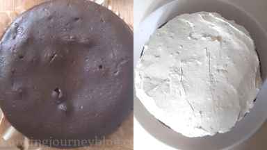 Put the bottom chocolate cake on a serving plate. Add 1/2 of vanilla cream filling in the center.