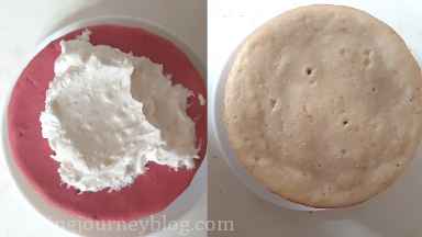 Add pink sponge on top and add remaining vanilla cream. Place vanilla sponge on top.