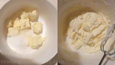 Place butter and sugar to the mixing bowl. Using hand mixer, beat until pale and incorporated.