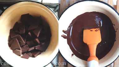 Temper the chocolate. Set 30% or 180 g of chocolate aside. In the double boiler (the pan with a little water and heat-proof bowl with chocolate on top) melt bigger part of chocolate chocolate, stirring, until it almost melted and the temperature is 46 C.