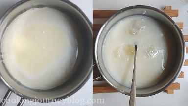 In a small sauce pan add condensed milk, water and sugar. Heat on low and bring it to simmer. Remove from heat, add bloomed gelatin and stir until melted.