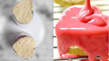 Gently remove white chocolate mousse from the molds and with the side of the knife smooth the edges. Put the hearts with the base down on the glasses (or use wire rack with parchment paper underneath for easier clean up). Pour the glaze on the hearts and let them set for 20 minutes.*