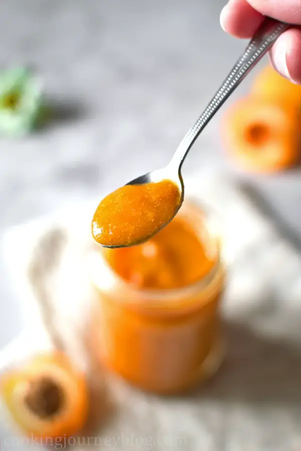 A spoon full with apricot jam