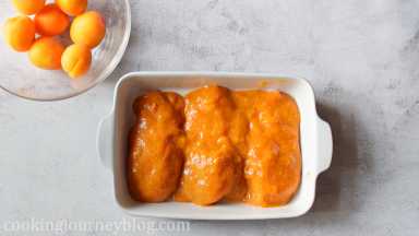 Put chicken breasts in a baking pan. Glaze the chicken and pour all the sauce on top.