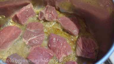 Heat a tablespoon of olive oil in a big pot. Add beef cubes and brown for a minute on each side without stirring. Don’t overcrowd the pot!