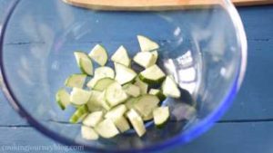 Cut cucumber in quarters lengthwise. Chop it, add to the large bowl.