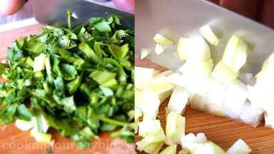 Chop onion, garlic, parsley and eggplant flesh.