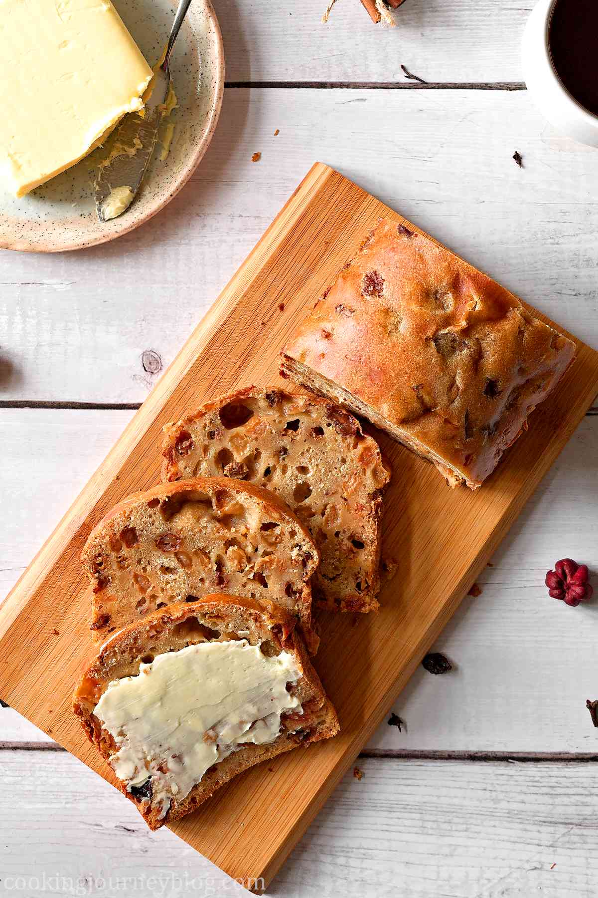 Sliced Irish Barmbrack, served with butter