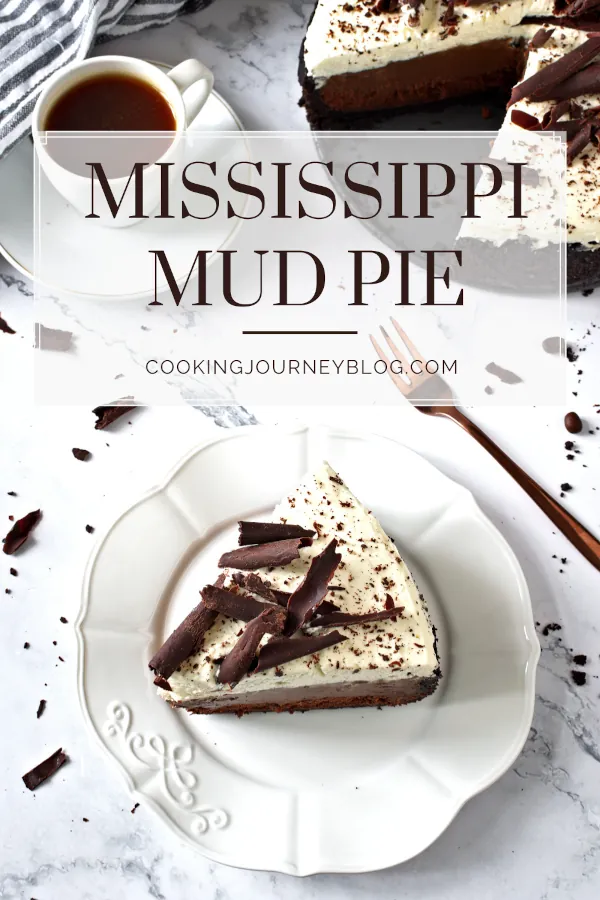 A slice of Mississippi Mud pie served on a white plate with a fork and coffee