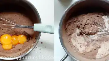 Whisk egg yolks and milk in the cocoa mixture.