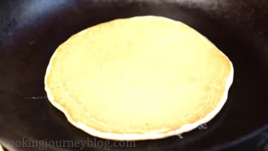 Wait until pancake starts to bubble, around 2-3 minutes. Flip. Cook 1 minute more on the other side and transfer to the plate.