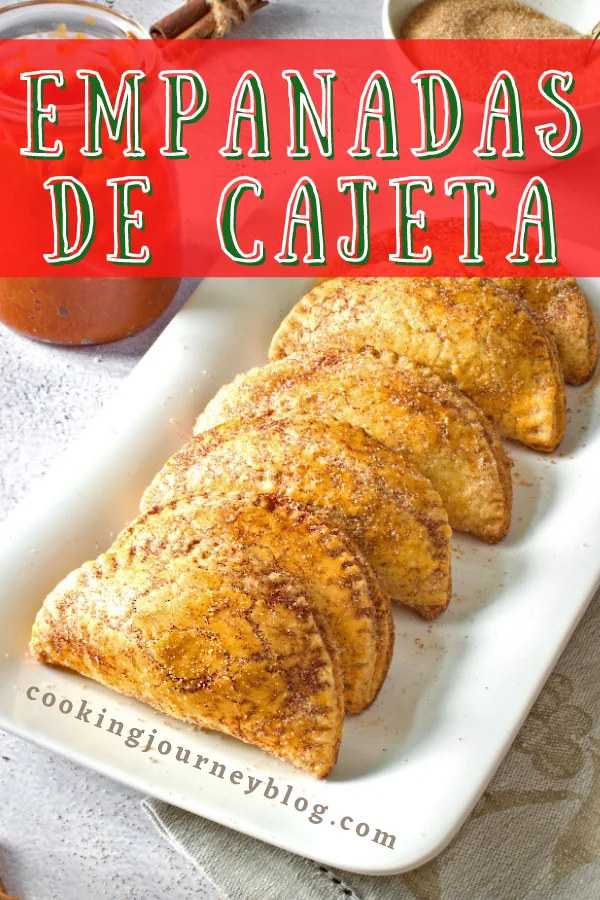 Empanadas de cajeta - sweet hand pies on a white plate. A glass with cajeta caramel is served on a side.
